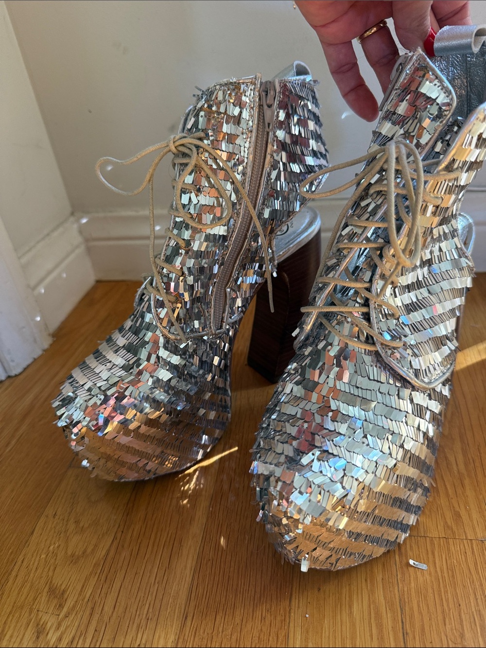 Jeffrey Campbell Silver Sequin Lace-Up Platform Ankle Boots